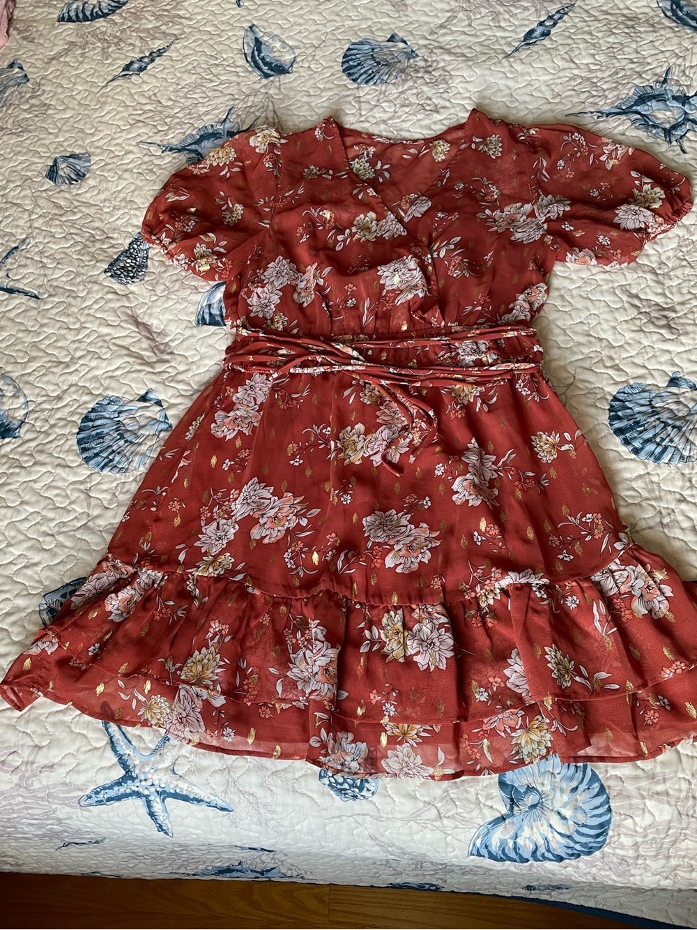 City Studio Rust Floral Tie-Waist Ruffle Dress
